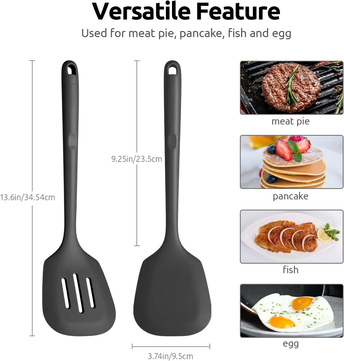 Silicone Turner Spatula Set of 2, 13.6" Long/3.7" Wide, Black
