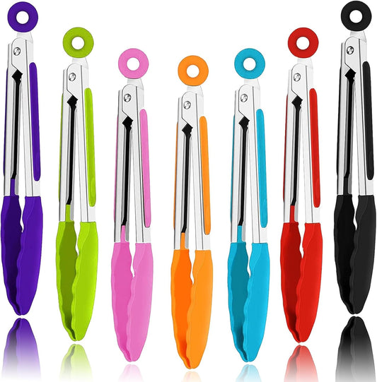 7 Pack Kitchen Tongs,7 Inch Stainless Steel Cooking Tongs | with Stainless Steel Silicon Handles & Nylon Tips,Heat Resistant Non-Stick BBQ Tongs with Locking,for Cooking Grilling Salad