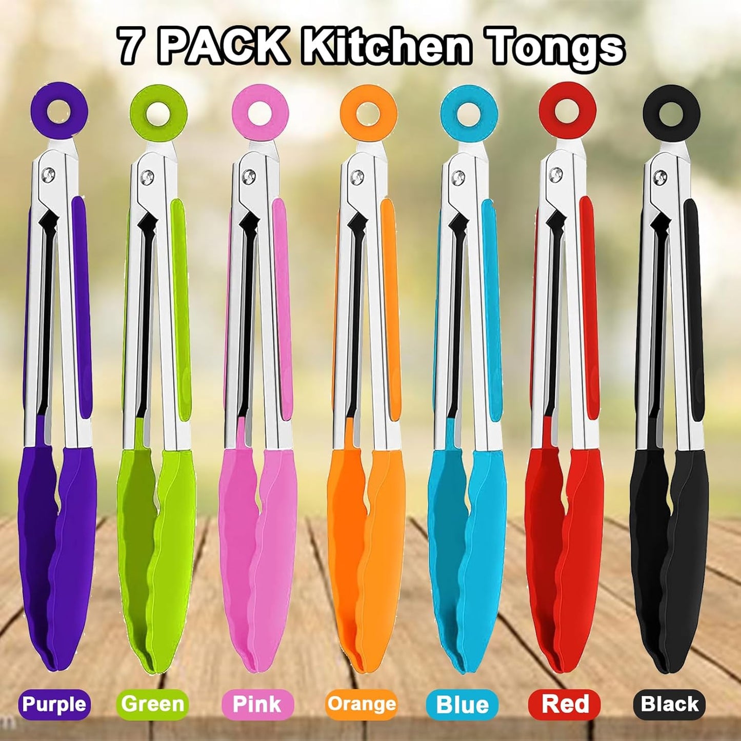 7 Pack Kitchen Tongs,7 Inch Stainless Steel Cooking Tongs | with Stainless Steel Silicon Handles & Nylon Tips,Heat Resistant Non-Stick BBQ Tongs with Locking,for Cooking Grilling Salad