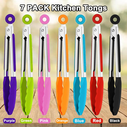 7 Pack Kitchen Tongs,7 Inch Stainless Steel Cooking Tongs | with Stainless Steel Silicon Handles & Nylon Tips,Heat Resistant Non-Stick BBQ Tongs with Locking,for Cooking Grilling Salad