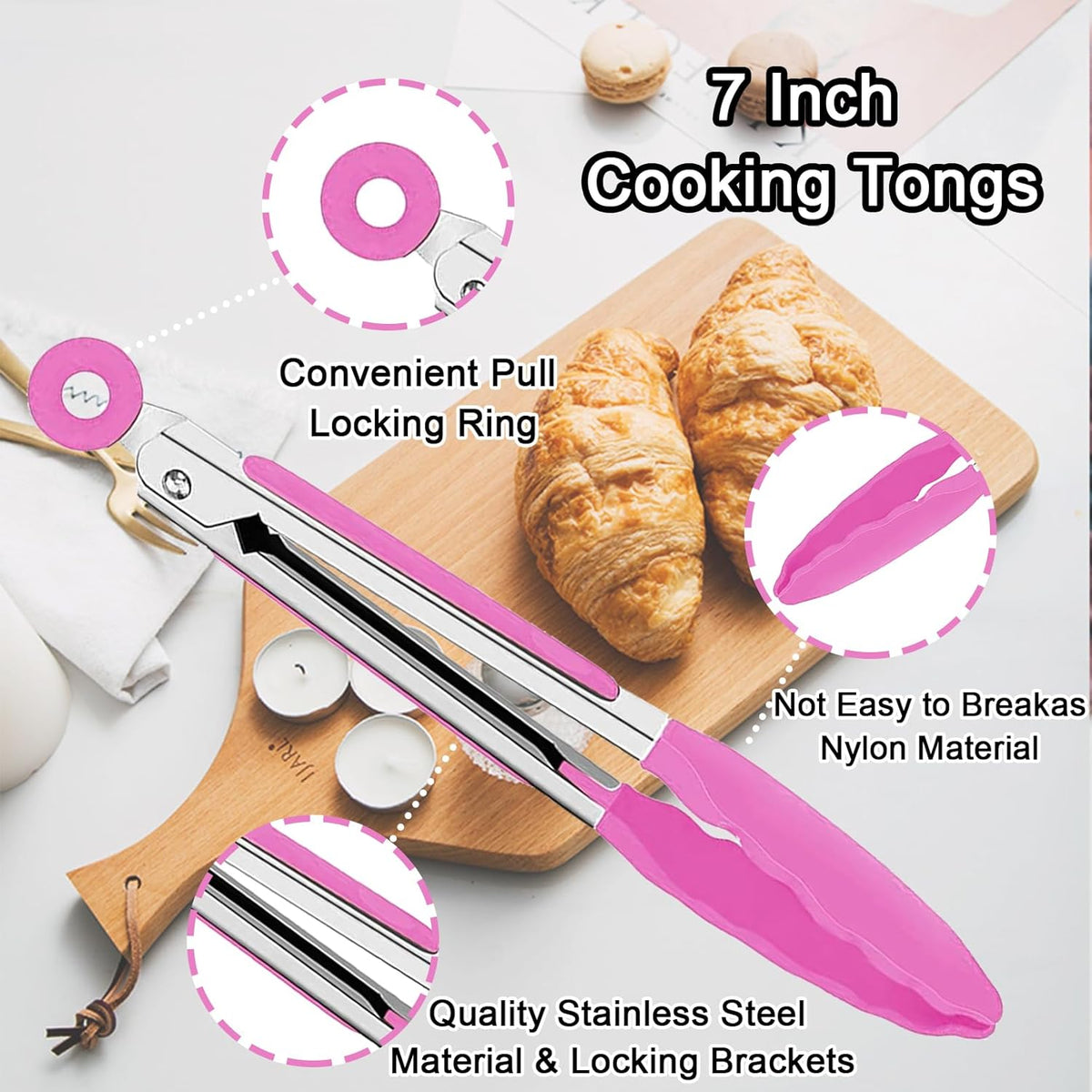 7 Pack Kitchen Tongs,7 Inch Stainless Steel Cooking Tongs | with Stainless Steel Silicon Handles & Nylon Tips,Heat Resistant Non-Stick BBQ Tongs with Locking,for Cooking Grilling Salad
