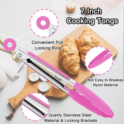 7 Pack Kitchen Tongs,7 Inch Stainless Steel Cooking Tongs | with Stainless Steel Silicon Handles & Nylon Tips,Heat Resistant Non-Stick BBQ Tongs with Locking,for Cooking Grilling Salad