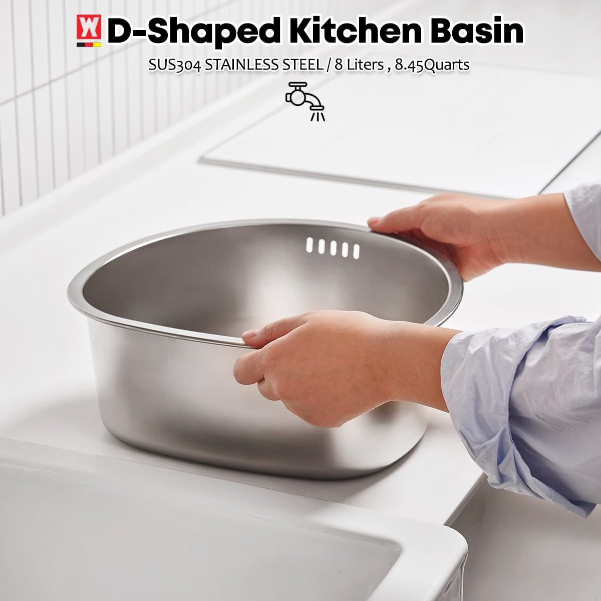 D-Shaped Stainless Steel Dishpan, Kitchen Sink Wash Basin Tub for Dishes, Vegetables & Fruit, Heavy Duty Metal Dish Tub (8.45 Qt)