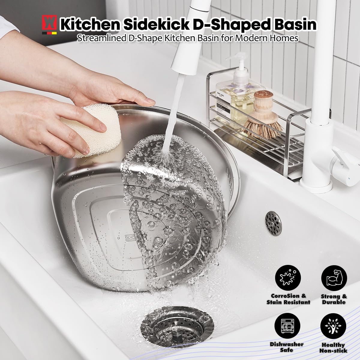 D-Shaped Stainless Steel Dishpan, Kitchen Sink Wash Basin Tub for Dishes, Vegetables & Fruit, Heavy Duty Metal Dish Tub (8.45 Qt)
