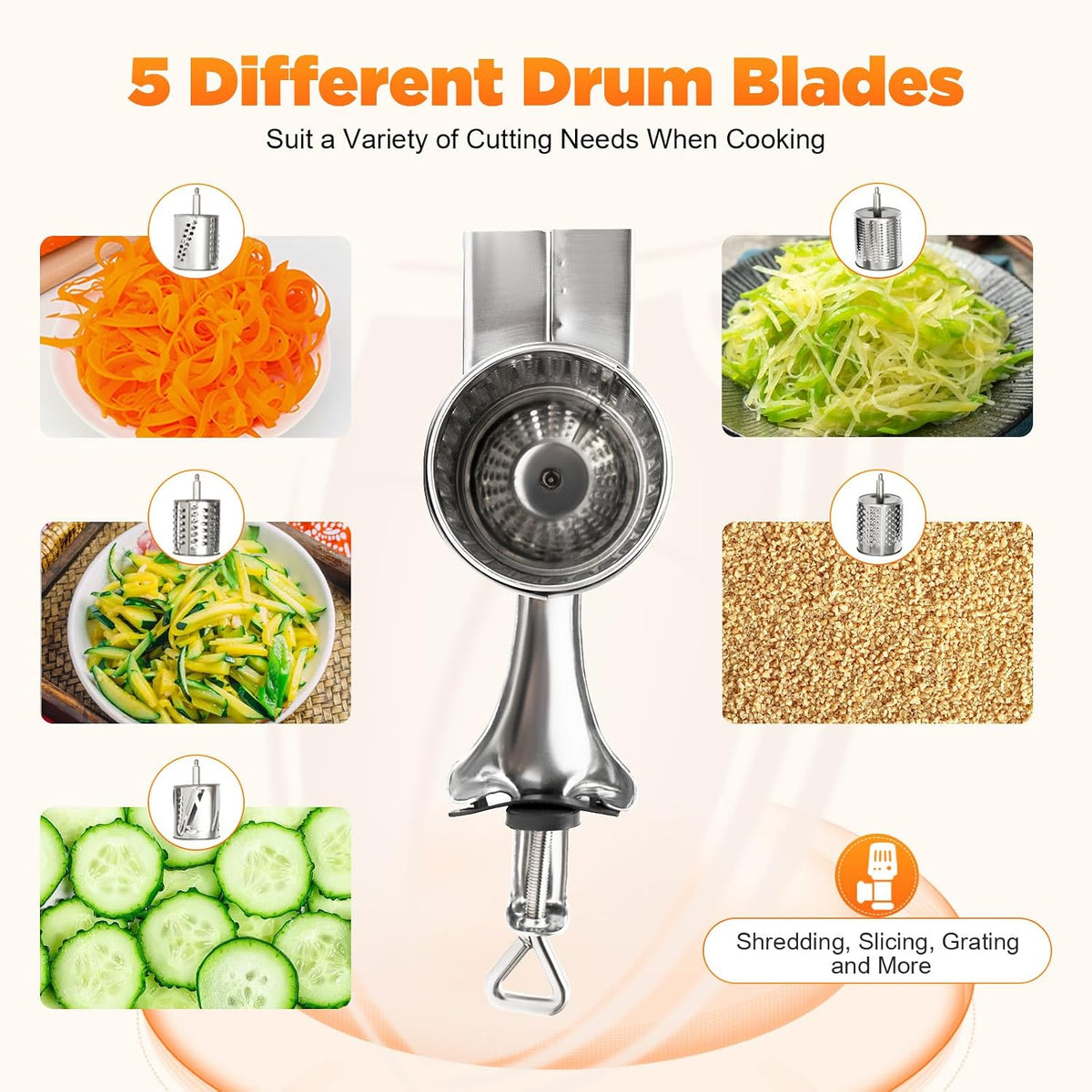 Rotary Cheese Grater, Cheese Grater Hand Crank with 5 Drum Blades, Round Mandoline Slicer Vegetable Slicer Walnuts Grinder for Potato, Carrot, Nuts