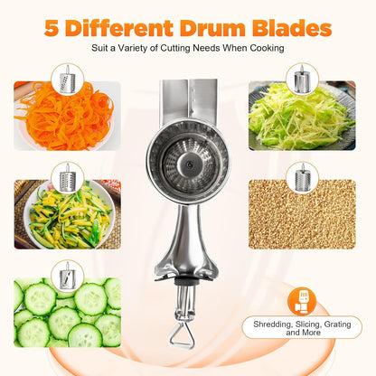 Rotary Cheese Grater, Cheese Grater Hand Crank with 5 Drum Blades, Round Mandoline Slicer Vegetable Slicer Walnuts Grinder for Potato, Carrot, Nuts