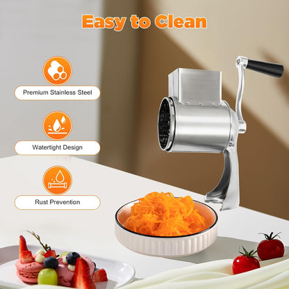 Rotary Cheese Grater, Cheese Grater Hand Crank with 5 Drum Blades, Round Mandoline Slicer Vegetable Slicer Walnuts Grinder for Potato, Carrot, Nuts