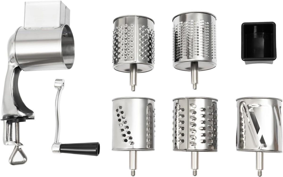 Rotary Cheese Grater, Cheese Grater Hand Crank with 5 Drum Blades, Round Mandoline Slicer Vegetable Slicer Walnuts Grinder for Potato, Carrot, Nuts