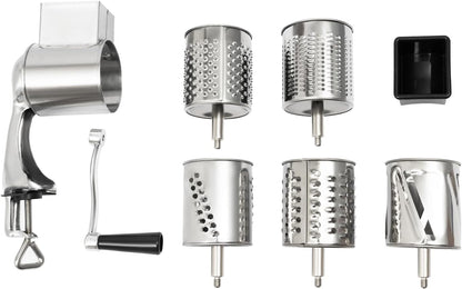 Rotary Cheese Grater, Cheese Grater Hand Crank with 5 Drum Blades, Round Mandoline Slicer Vegetable Slicer Walnuts Grinder for Potato, Carrot, Nuts