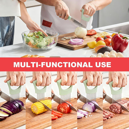Onion Slicer Holder, Stainless Steel Vegetable Cutting Holder Food Cutter Tool for Slicing Storing Onions Tomatoes Potatoes Avocados Apples, Green