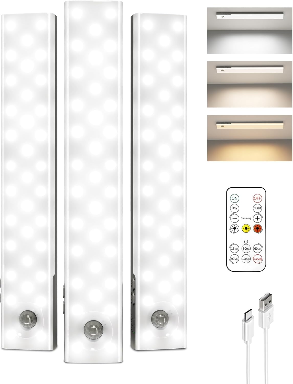 3-Pack Under Cabinet Lighting with Charging Station, 1800mAh Rechargeable Wireless Motion Sensor Lights, 3 Color Temps, Dimmable, Timer, Magnetic, with Remote Control for Kitchen, Closet