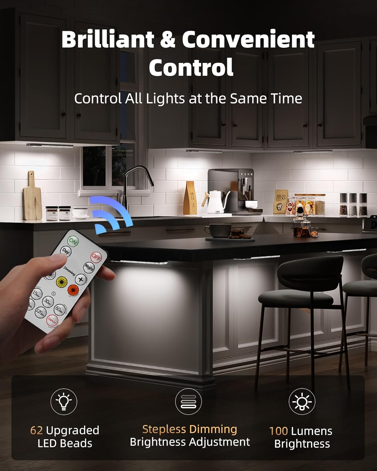 3-Pack Under Cabinet Lighting with Charging Station, 1800mAh Rechargeable Wireless Motion Sensor Lights, 3 Color Temps, Dimmable, Timer, Magnetic, with Remote Control for Kitchen, Closet