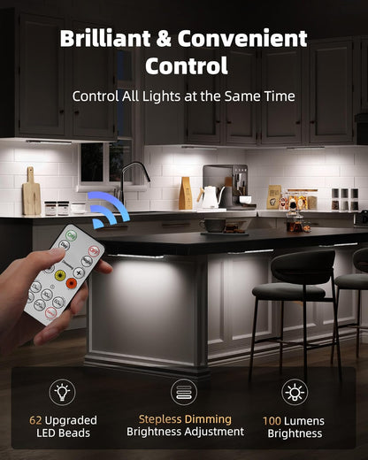 3-Pack Under Cabinet Lighting with Charging Station, 1800mAh Rechargeable Wireless Motion Sensor Lights, 3 Color Temps, Dimmable, Timer, Magnetic, with Remote Control for Kitchen, Closet
