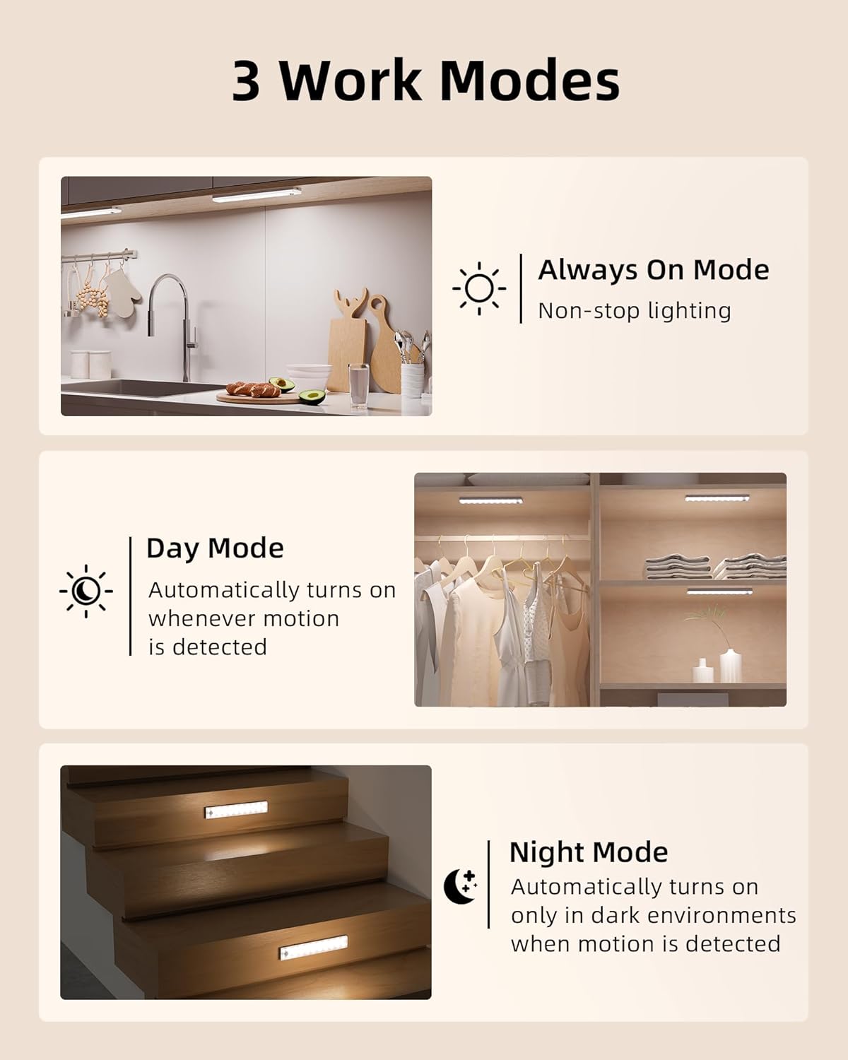 3-Pack Under Cabinet Lighting with Charging Station, 1800mAh Rechargeable Wireless Motion Sensor Lights, 3 Color Temps, Dimmable, Timer, Magnetic, with Remote Control for Kitchen, Closet