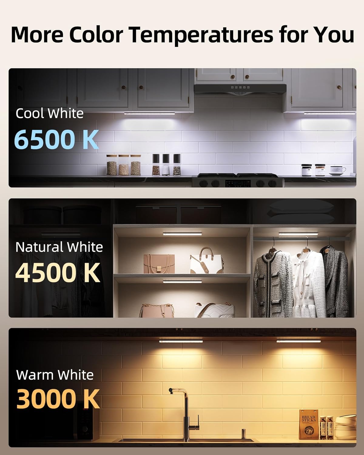 3-Pack Under Cabinet Lighting with Charging Station, 1800mAh Rechargeable Wireless Motion Sensor Lights, 3 Color Temps, Dimmable, Timer, Magnetic, with Remote Control for Kitchen, Closet