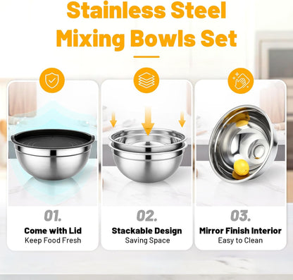 Mixing Bowls with Lids, 2 Pack 4 QT Stackable Stainless Steel Mixing Bowls Set with Lids, Metal Nesting Bowl for Kitchen, Baking, Food Prepping and Serving