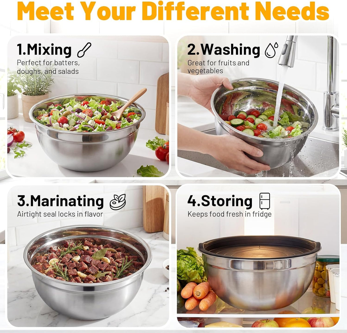 Mixing Bowls with Lids, 2 Pack 4 QT Stackable Stainless Steel Mixing Bowls Set with Lids, Metal Nesting Bowl for Kitchen, Baking, Food Prepping and Serving