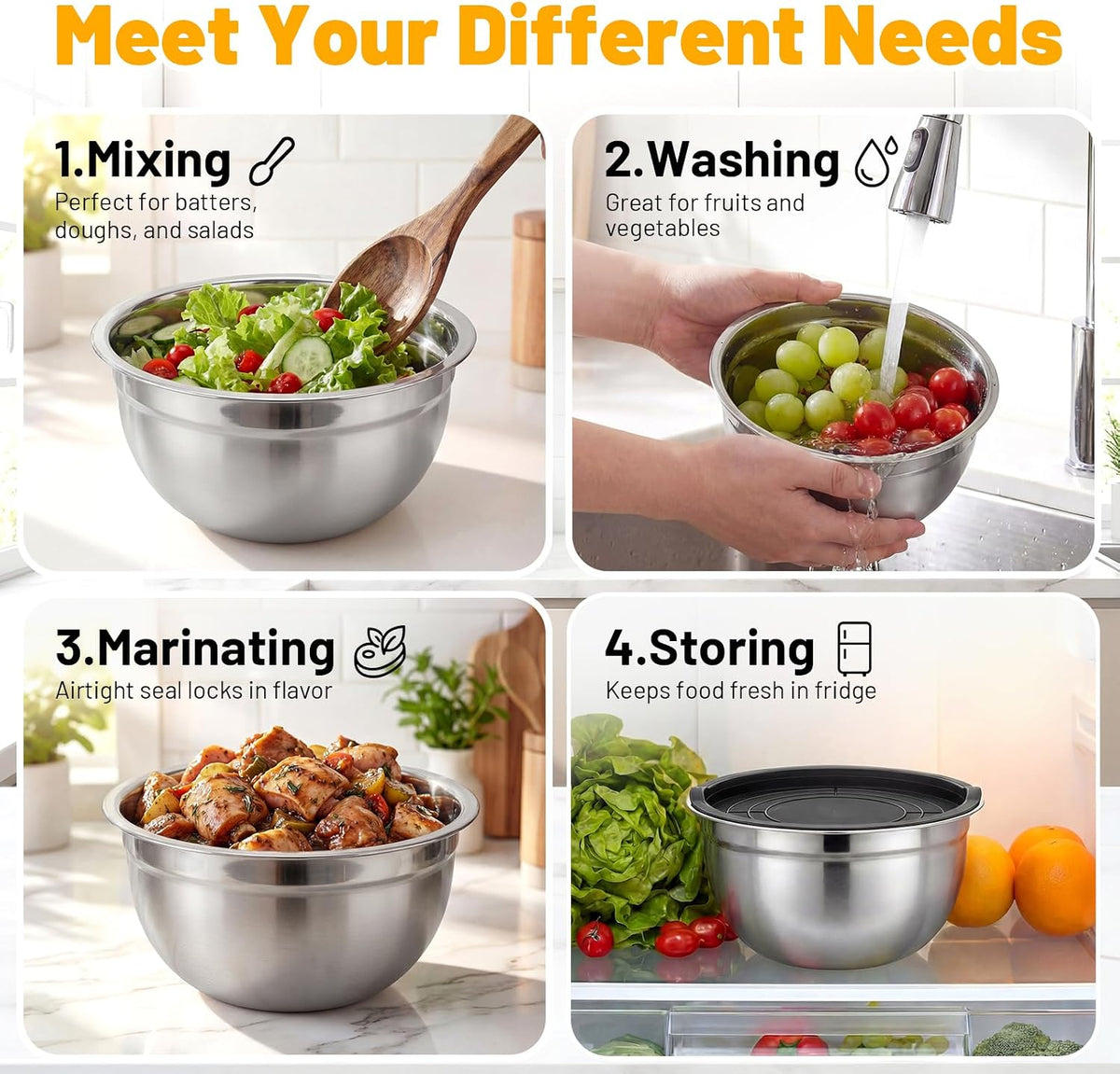 Mixing Bowls with Lids, 2 Pack 4 QT Stackable Stainless Steel Mixing Bowls Set with Lids, Metal Nesting Bowl for Kitchen, Baking, Food Prepping and Serving