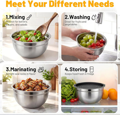 Mixing Bowls with Lids, 2 Pack 4 QT Stackable Stainless Steel Mixing Bowls Set with Lids, Metal Nesting Bowl for Kitchen, Baking, Food Prepping and Serving