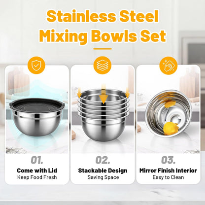 Mixing Bowls with Lids, 2 Pack 4 QT Stackable Stainless Steel Mixing Bowls Set with Lids, Metal Nesting Bowl for Kitchen, Baking, Food Prepping and Serving