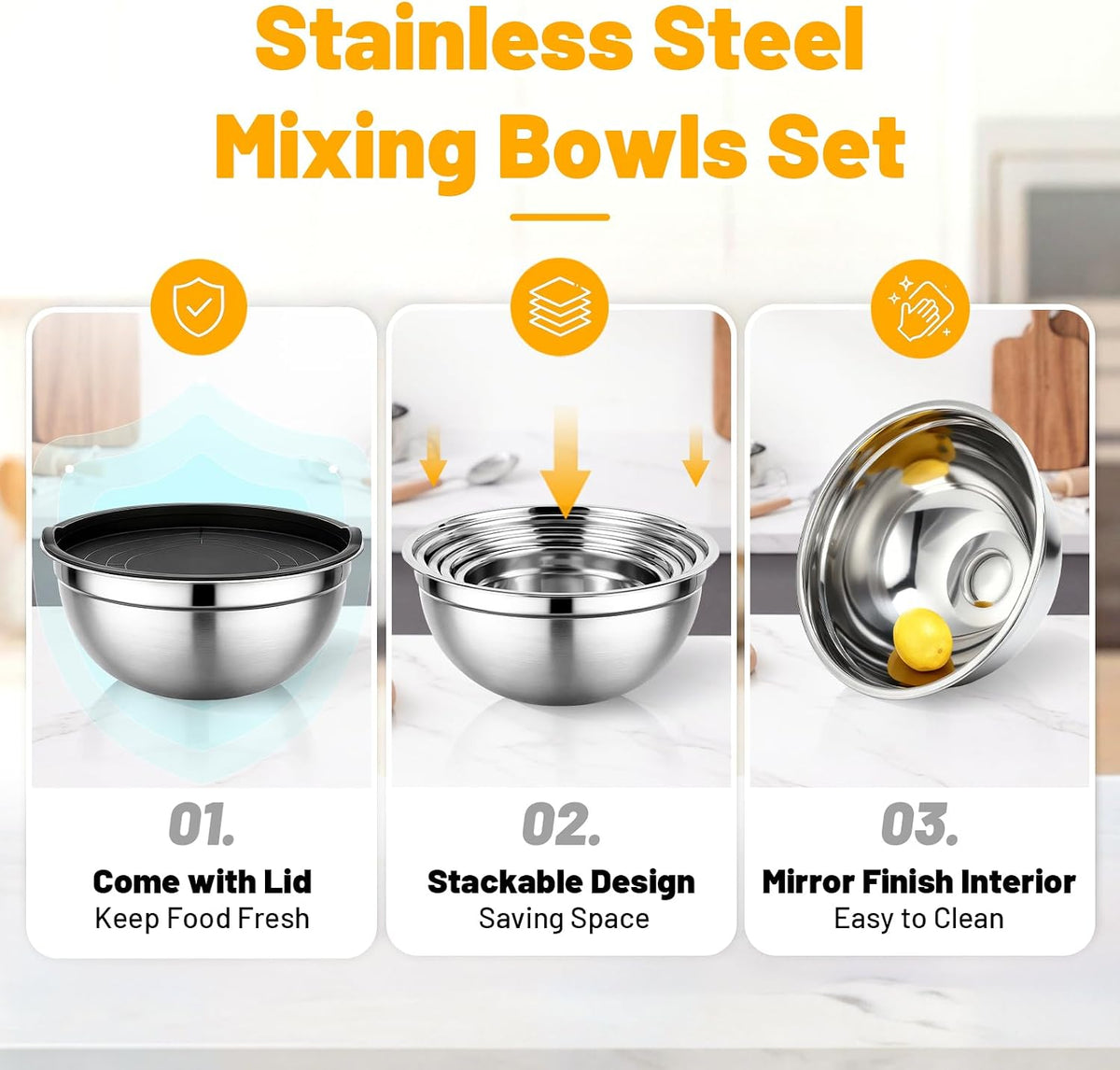 Mixing Bowls with Lids, 2 Pack 4 QT Stackable Stainless Steel Mixing Bowls Set with Lids, Metal Nesting Bowl for Kitchen, Baking, Food Prepping and Serving
