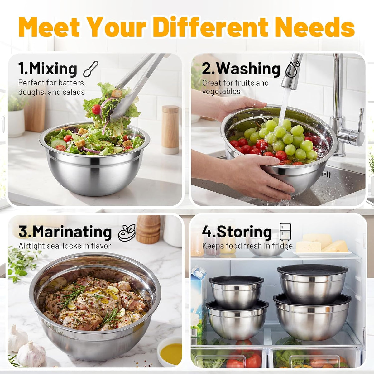 Mixing Bowls with Lids, 2 Pack 4 QT Stackable Stainless Steel Mixing Bowls Set with Lids, Metal Nesting Bowl for Kitchen, Baking, Food Prepping and Serving