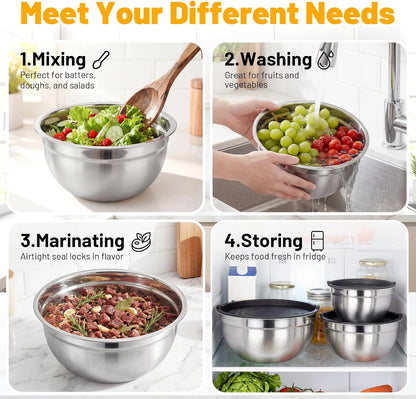 Mixing Bowls with Lids, 2 Pack 4 QT Stackable Stainless Steel Mixing Bowls Set with Lids, Metal Nesting Bowl for Kitchen, Baking, Food Prepping and Serving