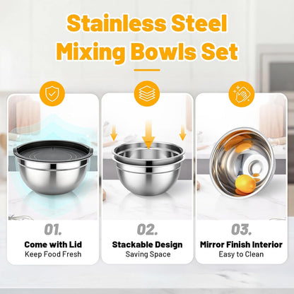Mixing Bowls with Lids, 2 Pack 4 QT Stackable Stainless Steel Mixing Bowls Set with Lids, Metal Nesting Bowl for Kitchen, Baking, Food Prepping and Serving