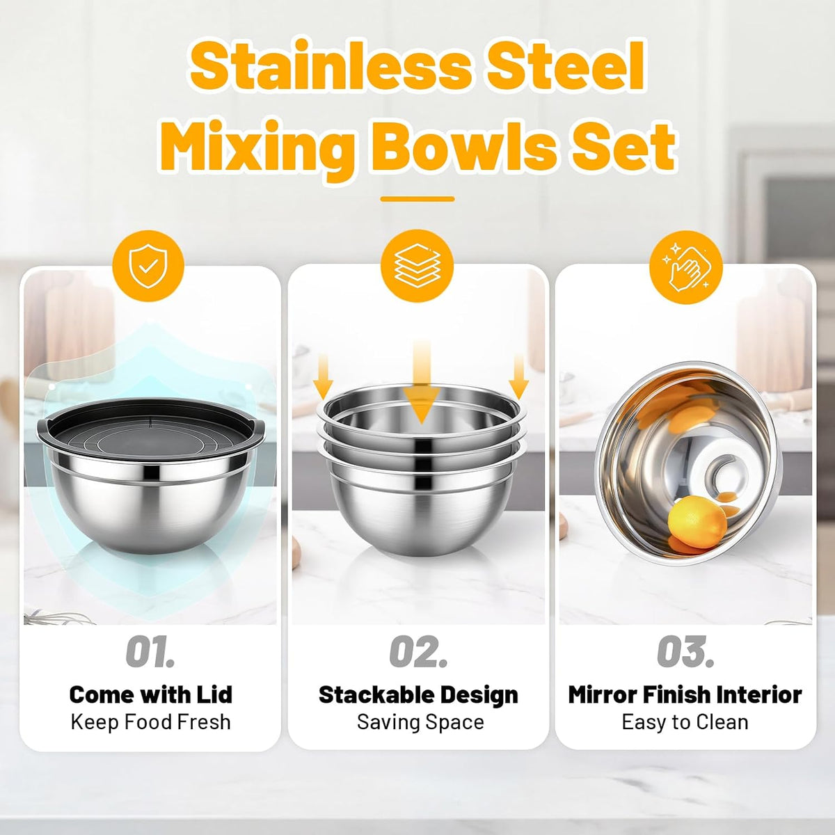 Mixing Bowls with Lids, 2 Pack 4 QT Stackable Stainless Steel Mixing Bowls Set with Lids, Metal Nesting Bowl for Kitchen, Baking, Food Prepping and Serving