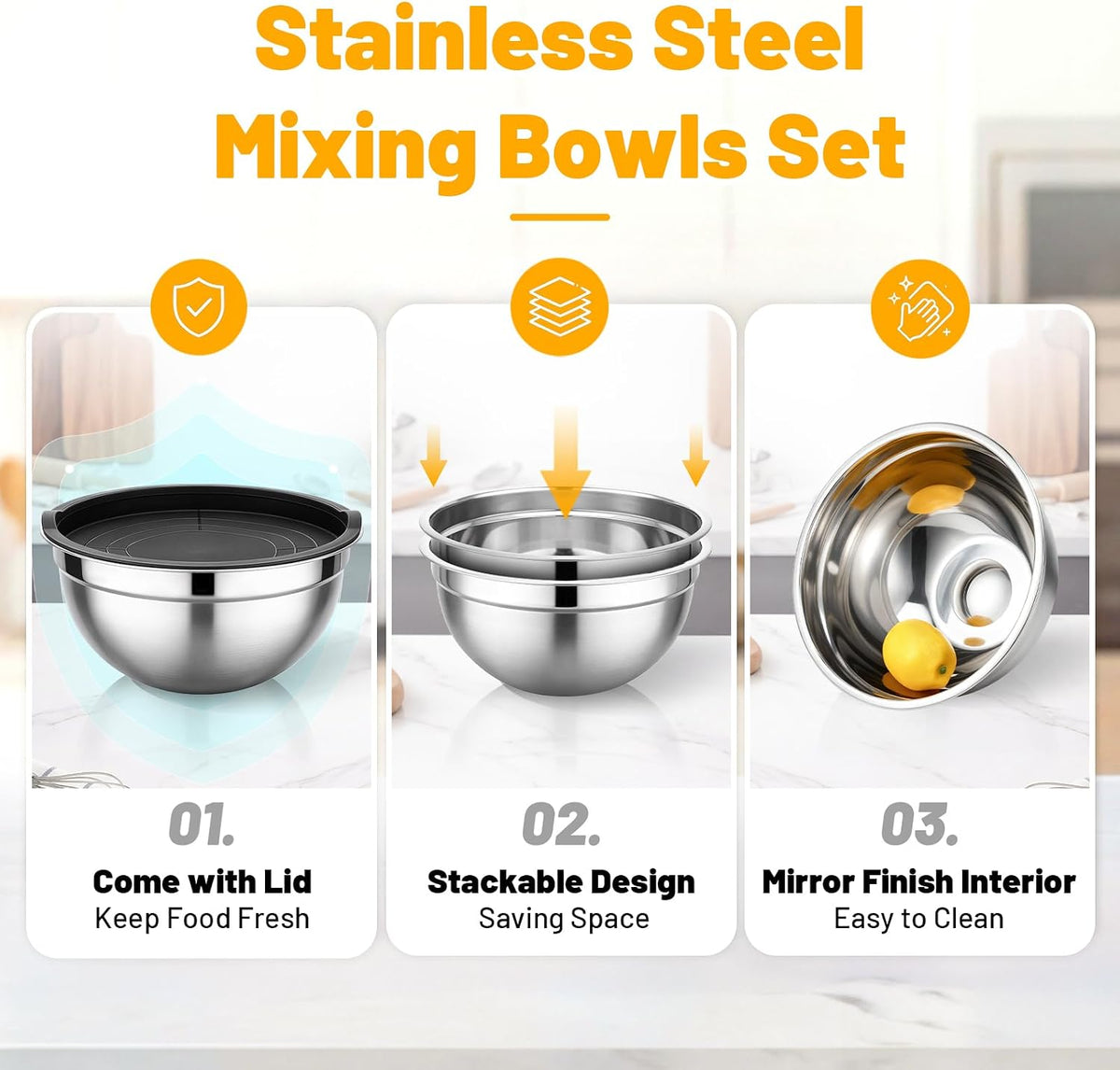 Mixing Bowls with Lids, 2 Pack 4 QT Stackable Stainless Steel Mixing Bowls Set with Lids, Metal Nesting Bowl for Kitchen, Baking, Food Prepping and Serving