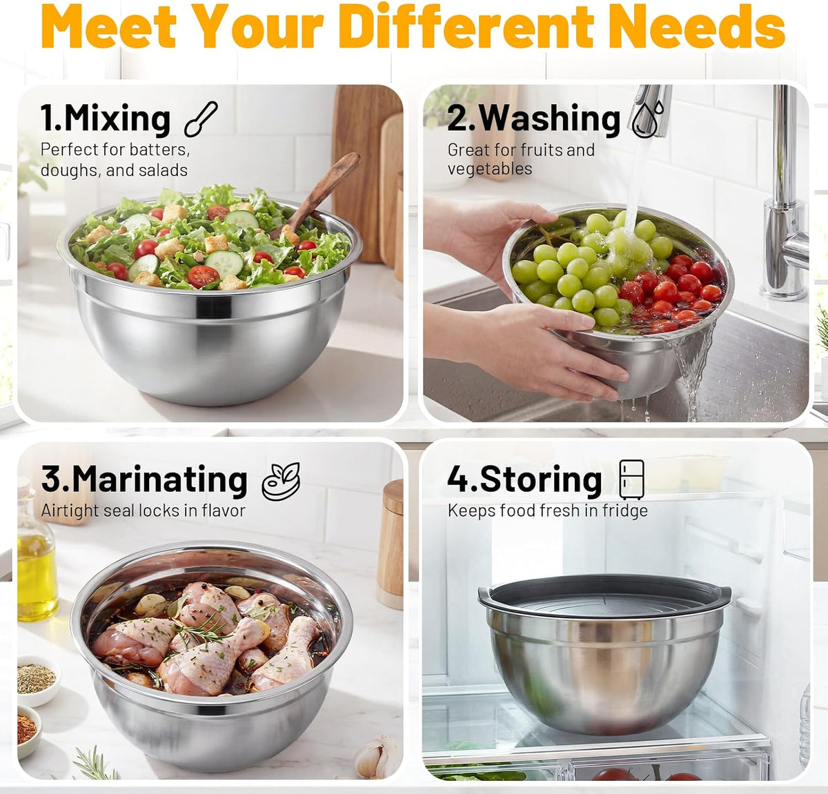 Mixing Bowls with Lids, 2 Pack 4 QT Stackable Stainless Steel Mixing Bowls Set with Lids, Metal Nesting Bowl for Kitchen, Baking, Food Prepping and Serving