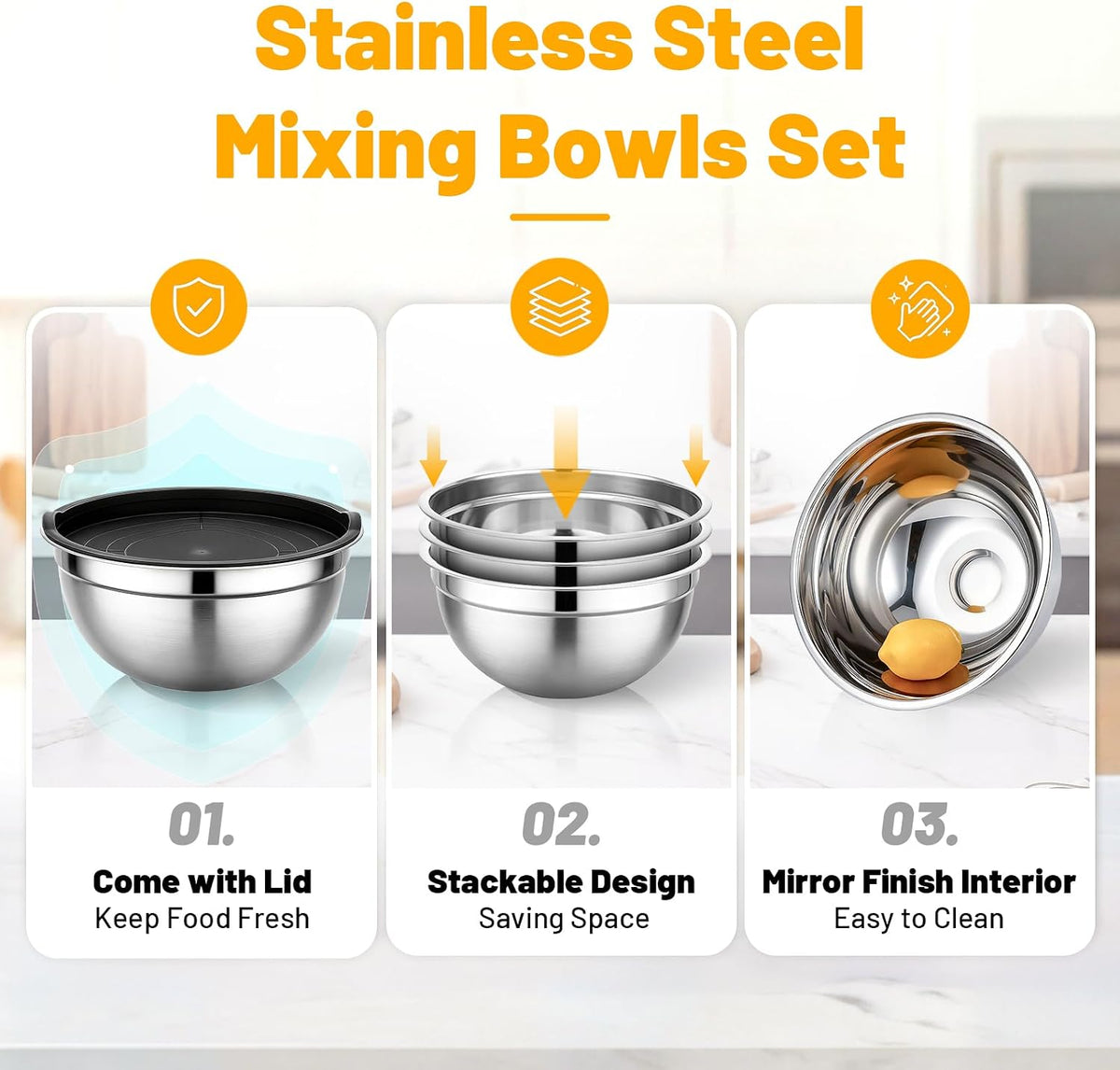Mixing Bowls with Lids, 2 Pack 4 QT Stackable Stainless Steel Mixing Bowls Set with Lids, Metal Nesting Bowl for Kitchen, Baking, Food Prepping and Serving