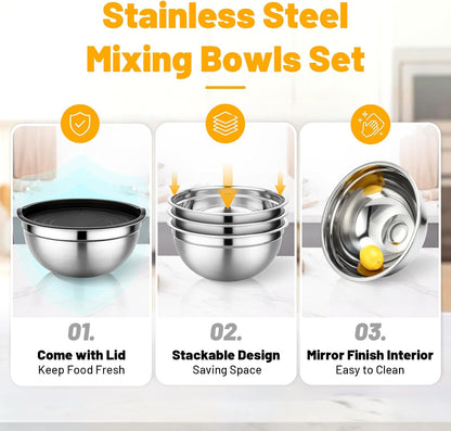 Mixing Bowls with Lids, 2 Pack 4 QT Stackable Stainless Steel Mixing Bowls Set with Lids, Metal Nesting Bowl for Kitchen, Baking, Food Prepping and Serving