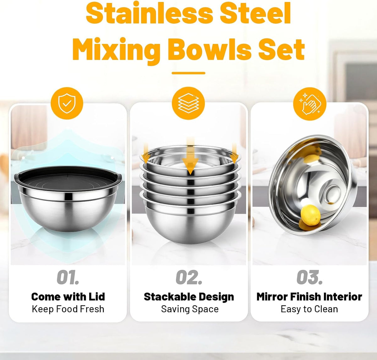 Mixing Bowls with Lids, 2 Pack 4 QT Stackable Stainless Steel Mixing Bowls Set with Lids, Metal Nesting Bowl for Kitchen, Baking, Food Prepping and Serving