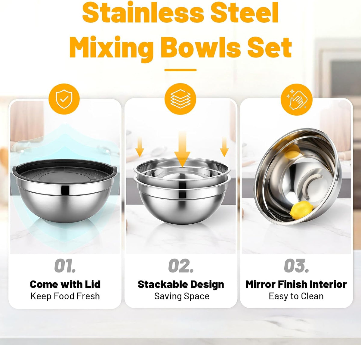 Mixing Bowls with Lids, 2 Pack 4 QT Stackable Stainless Steel Mixing Bowls Set with Lids, Metal Nesting Bowl for Kitchen, Baking, Food Prepping and Serving