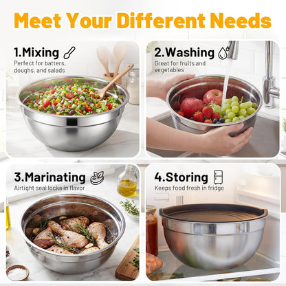 Mixing Bowls with Lids, 2 Pack 4 QT Stackable Stainless Steel Mixing Bowls Set with Lids, Metal Nesting Bowl for Kitchen, Baking, Food Prepping and Serving