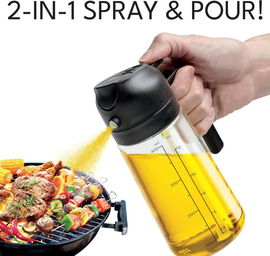 Olive Glow Cooking Oil Dispenser, 400 mL 2-in-1 Spray & Pour Glass Bottle, Leakproof & Refillable for Air Frying, Roasting, Grilling, Fine Mist for Salads, Works with All Types of Cooking Oils