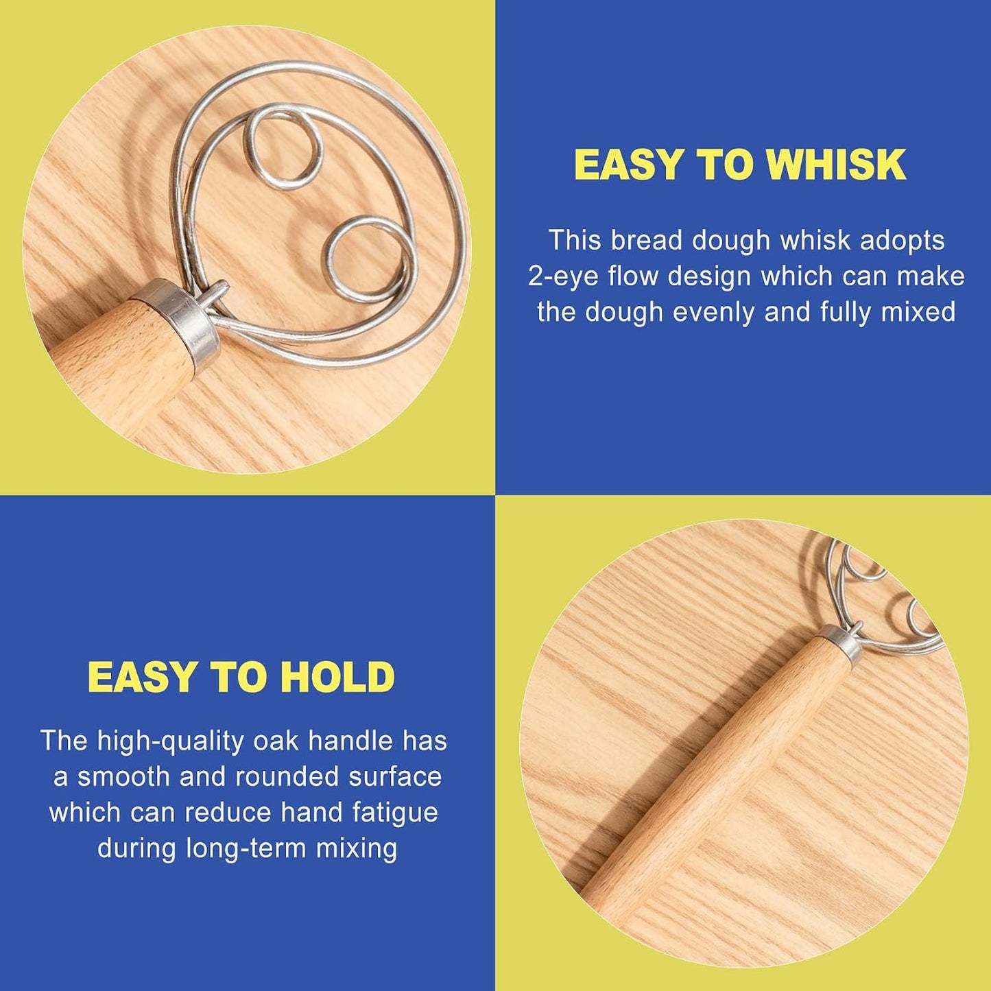 Danish Dough Whisk for Sourdough Bread, Heavy Duty Stainless Steel Bread Mixer, Wooden Handle Dutch Dough Blender Hook for Artisan Baking