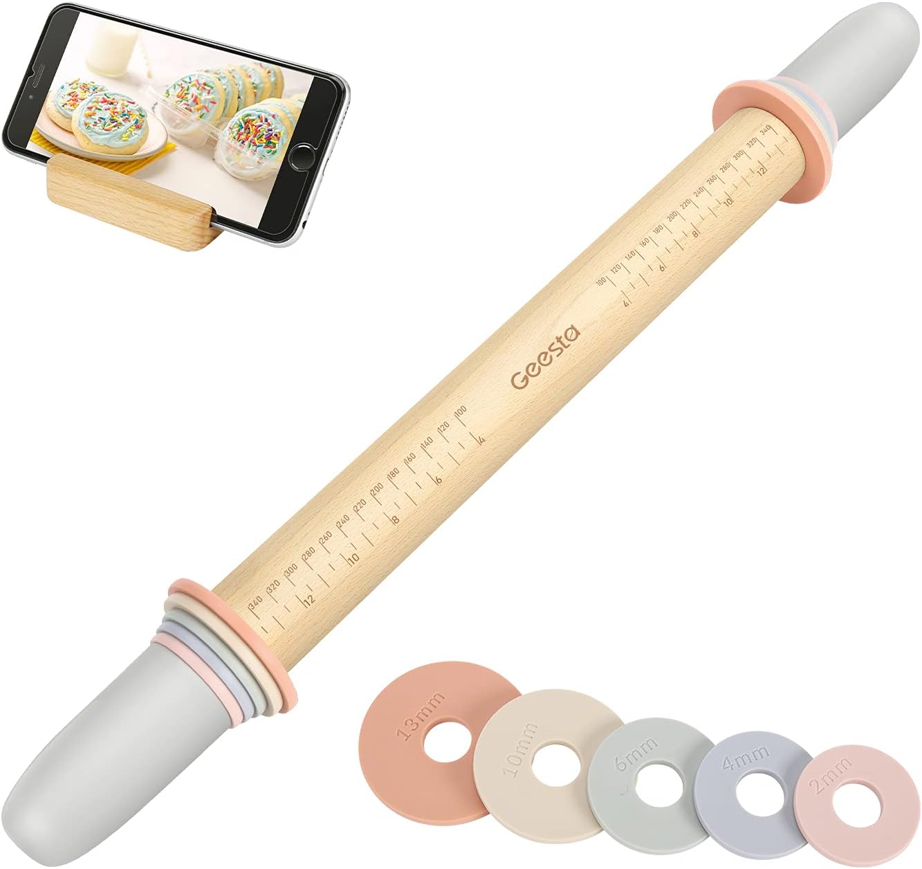 Adjustable Wood Rolling Pin with 5 Thickness Rings, Precise Dough Roller Handle Press Design with Measurement Guide for Fondant, Pizza, Pie Crust, Cookie, Pastry Baking Decorating Accessories