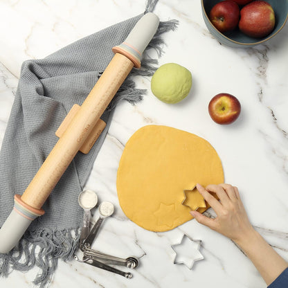 Adjustable Wood Rolling Pin with 5 Thickness Rings, Precise Dough Roller Handle Press Design with Measurement Guide for Fondant, Pizza, Pie Crust, Cookie, Pastry Baking Decorating Accessories