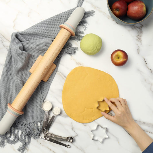 Adjustable Wood Rolling Pin with 5 Thickness Rings, Precise Dough Roller Handle Press Design with Measurement Guide for Fondant, Pizza, Pie Crust, Cookie, Pastry Baking Decorating Accessories