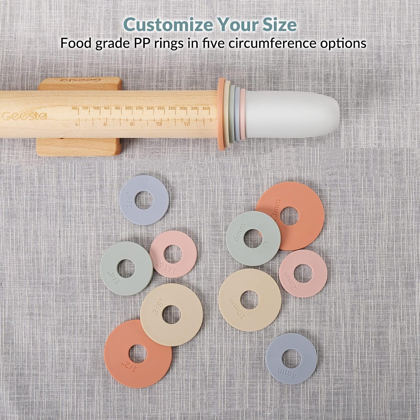 Adjustable Wood Rolling Pin with 5 Thickness Rings, Precise Dough Roller Handle Press Design with Measurement Guide for Fondant, Pizza, Pie Crust, Cookie, Pastry Baking Decorating Accessories