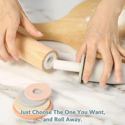 Adjustable Wood Rolling Pin with 5 Thickness Rings, Precise Dough Roller Handle Press Design with Measurement Guide for Fondant, Pizza, Pie Crust, Cookie, Pastry Baking Decorating Accessories