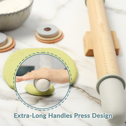 Adjustable Wood Rolling Pin with 5 Thickness Rings, Precise Dough Roller Handle Press Design with Measurement Guide for Fondant, Pizza, Pie Crust, Cookie, Pastry Baking Decorating Accessories