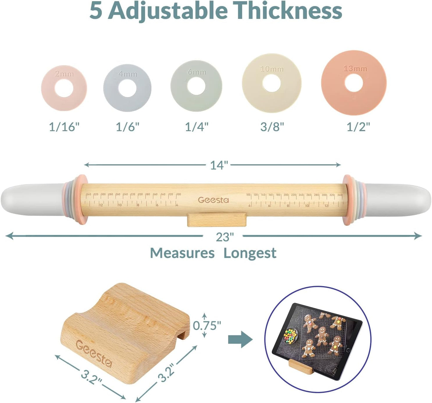 Adjustable Wood Rolling Pin with 5 Thickness Rings, Precise Dough Roller Handle Press Design with Measurement Guide for Fondant, Pizza, Pie Crust, Cookie, Pastry Baking Decorating Accessories