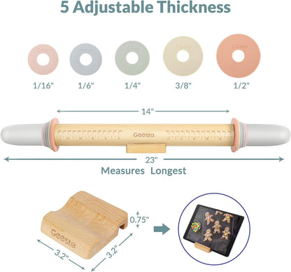 Adjustable Wood Rolling Pin with 5 Thickness Rings, Precise Dough Roller Handle Press Design with Measurement Guide for Fondant, Pizza, Pie Crust, Cookie, Pastry Baking Decorating Accessories