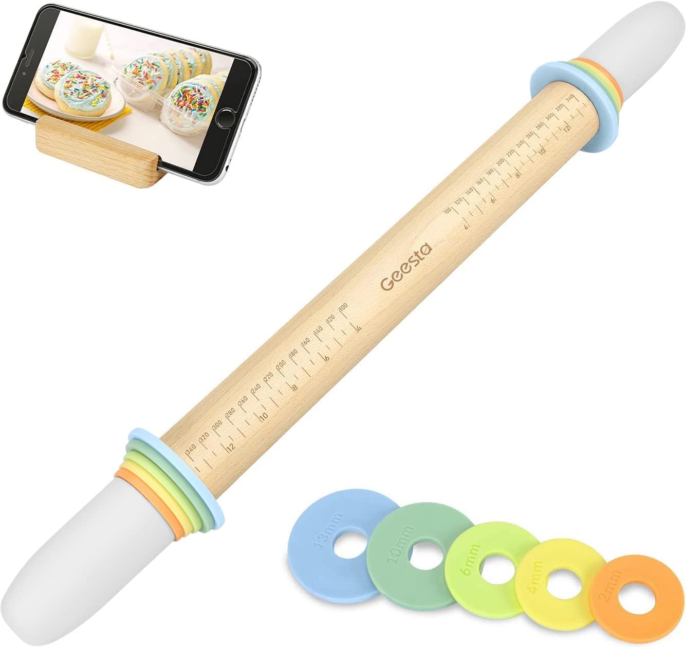 Adjustable Wood Rolling Pin with 5 Thickness Rings, Precise Dough Roller Handle Press Design with Measurement Guide for Fondant, Pizza, Pie Crust, Cookie, Pastry Baking Decorating Accessories
