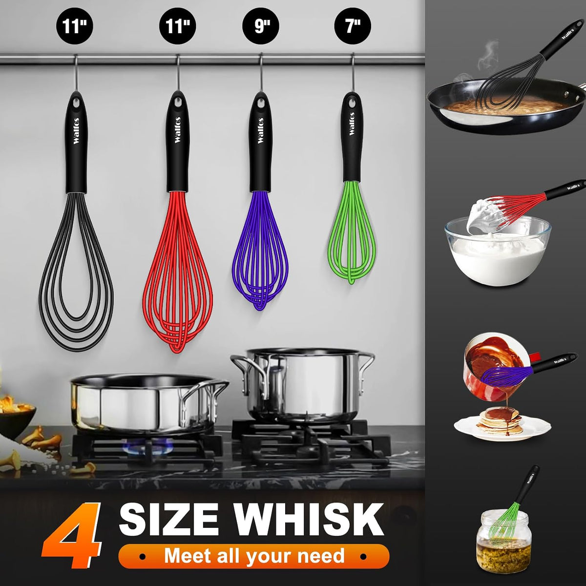 Whisk,7+9+11in Silicone whisk, BPA free Whisks for Cooking Non Scratch. Heat Resistant(480°F) Wisk. Perfect for Blending, Mixing, Beating etc.Dishwasher Safe.Set of 3 (Colorful)