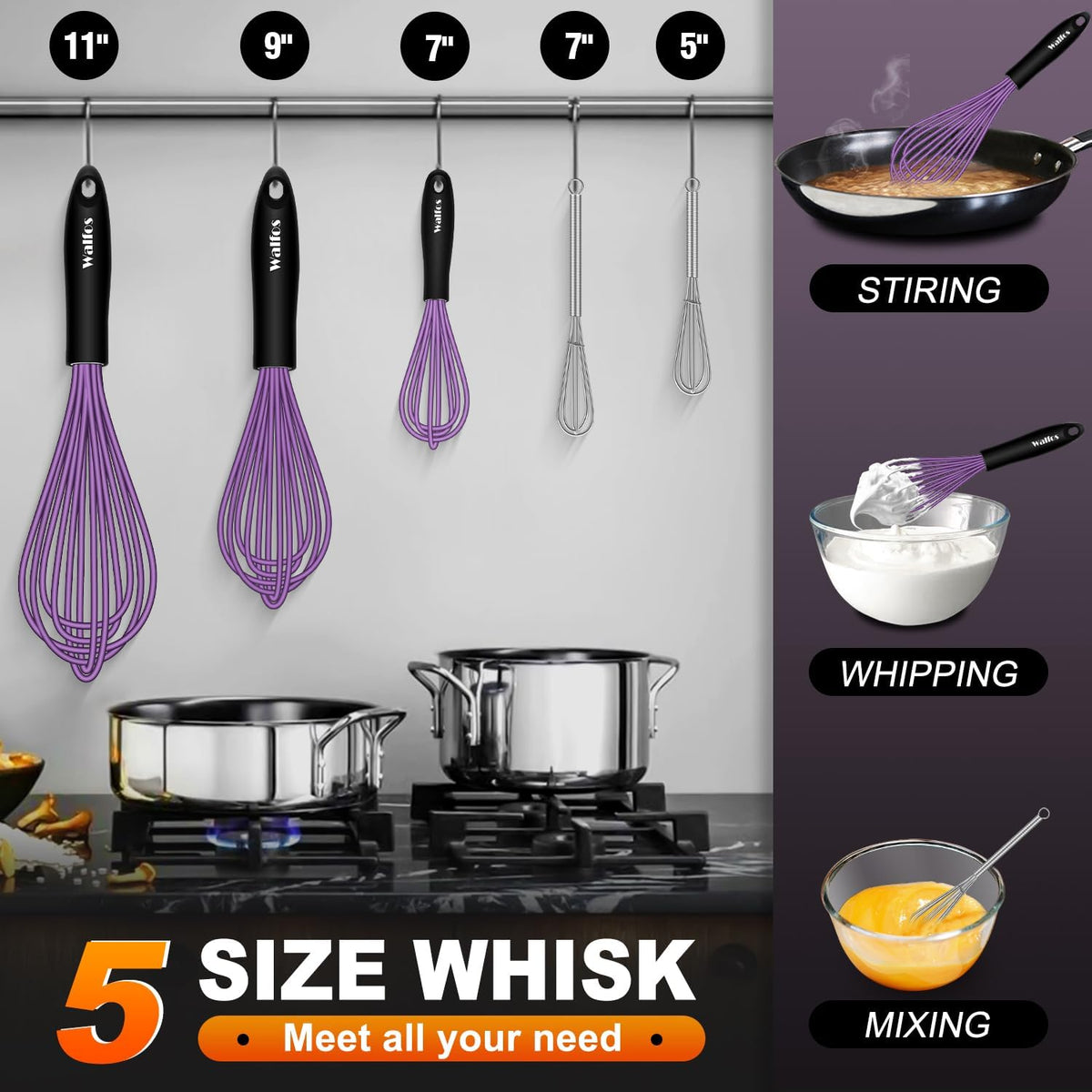 Whisk,7+9+11in Silicone whisk, BPA free Whisks for Cooking Non Scratch. Heat Resistant(480°F) Wisk. Perfect for Blending, Mixing, Beating etc.Dishwasher Safe.Set of 3 (Colorful)
