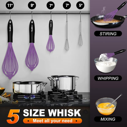 Whisk,7+9+11in Silicone whisk, BPA free Whisks for Cooking Non Scratch. Heat Resistant(480°F) Wisk. Perfect for Blending, Mixing, Beating etc.Dishwasher Safe.Set of 3 (Colorful)